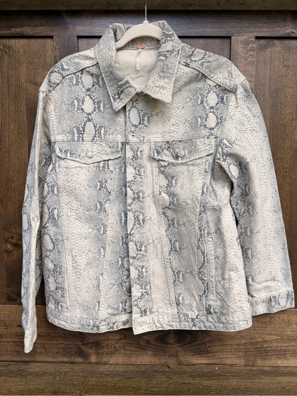 Free People| Snake Print Trucker Jacket Gray/Cream| Size Medium